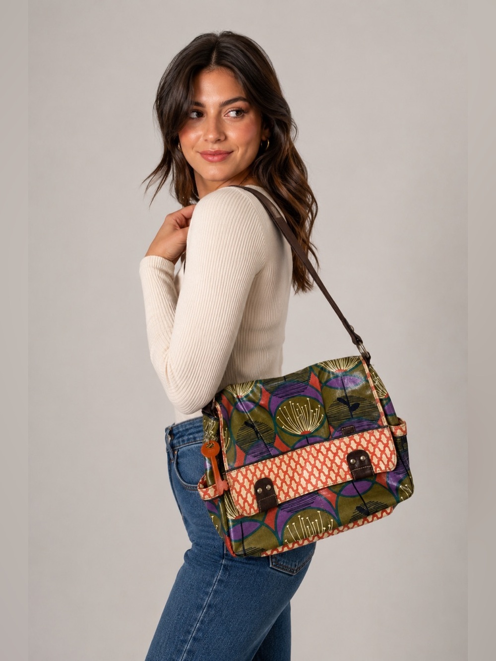 Fossil Floral Coated Canvas Messenger Bag Boho Retro Print Shoulder Purse - Picture 2 of 16